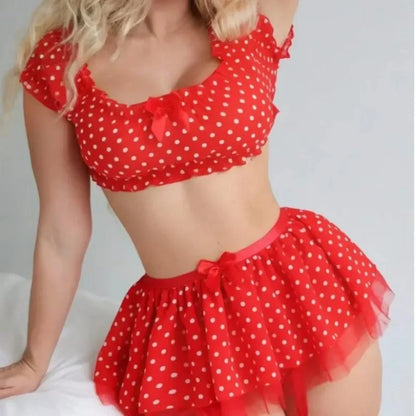 Polka Dot Off-Shoulder Lingerie Set with Skirt