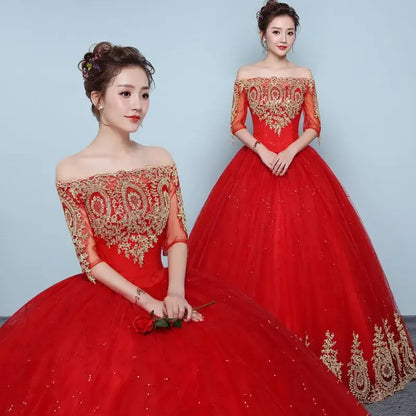 Women's Red Floral Embroidered Off-Shoulder Ball Gown Wedding Dress