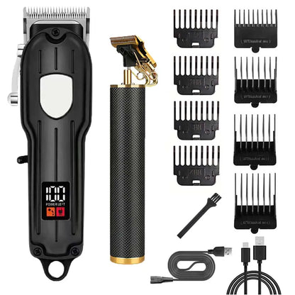 Professional Cordless Hair Clipper & Trimmer Set – USB Rechargeable Grooming Kit with LCD Display