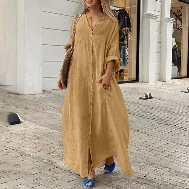 Women’s Casual Cotton-Linen Blend Maxi Dress – Loose Fit Floor-Length Shirt Dress with Pockets
