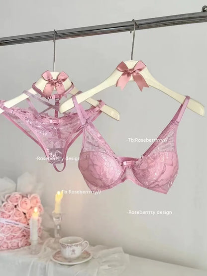 Pink Halter Neck Lace Bra Set