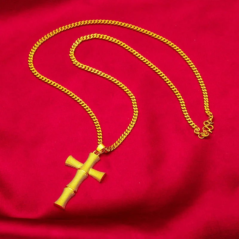24K Gold AU999 Cross Pendant Necklace - Fine Religious Faith Jewelry