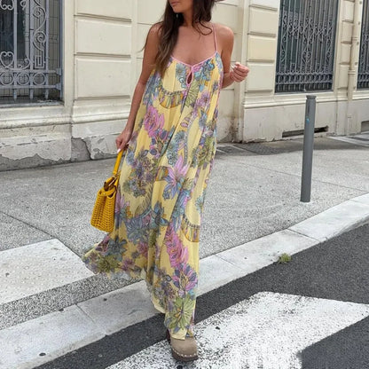 Women's Floral Print Chiffon Backless Cami Maxi Beach Dress