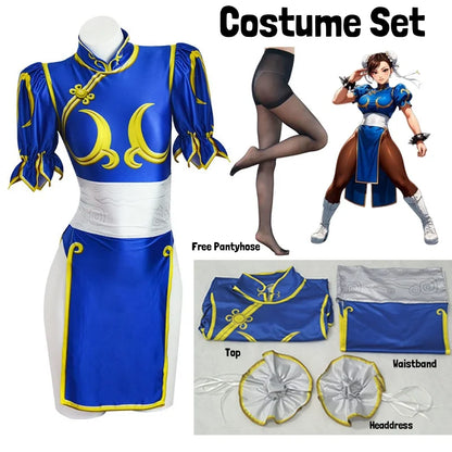 Women's Street Fighter Chun Li Cosplay Costume - Blue Cheongsam Dress with Headdress & Waistband Set