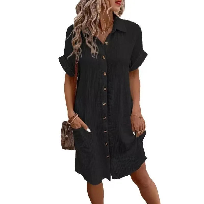 V-Neck Single-Breasted Mini Dress - Casual Loose Fit Short Sleeve Summer Dress