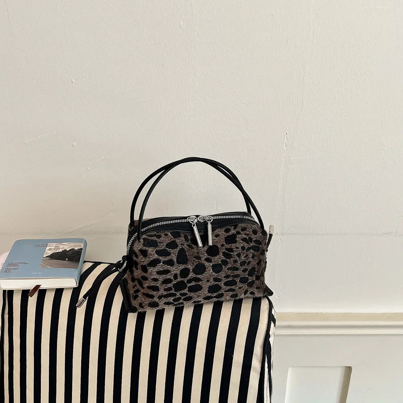Velvet Patchwork Leopard Print Women's Crossbody Handbag
