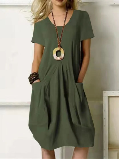 Women’s Cotton Linen Short-Sleeve Midi Dress – Casual Summer Dress with Pockets
