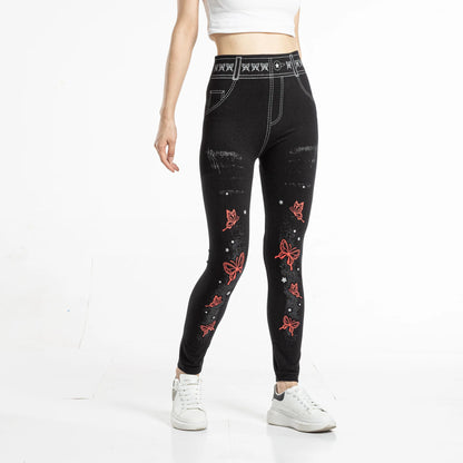 Women's High-Waisted Printed Faux Denim Jeggings – Tummy Control & All-Day Stretch