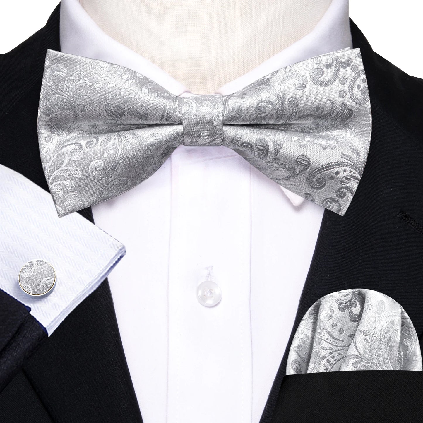 Barry.Wang Silk Bow Tie Hanky Cuffs Set