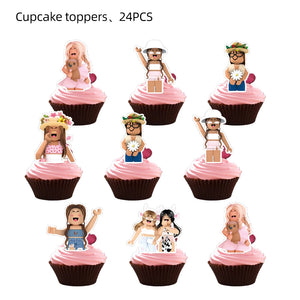 Pink Robloxed Theme Birthday Party Decorations Tableware Balloons Cups Plates Banner Backdrop Set