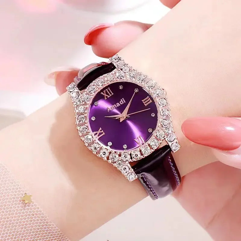 Elegant Rhinestone Leather Strap Quartz Watch