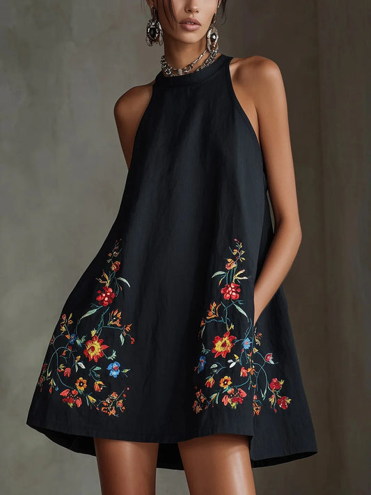 Women's Boho Floral Print Sleeveless Mini Shift Dress with Pockets