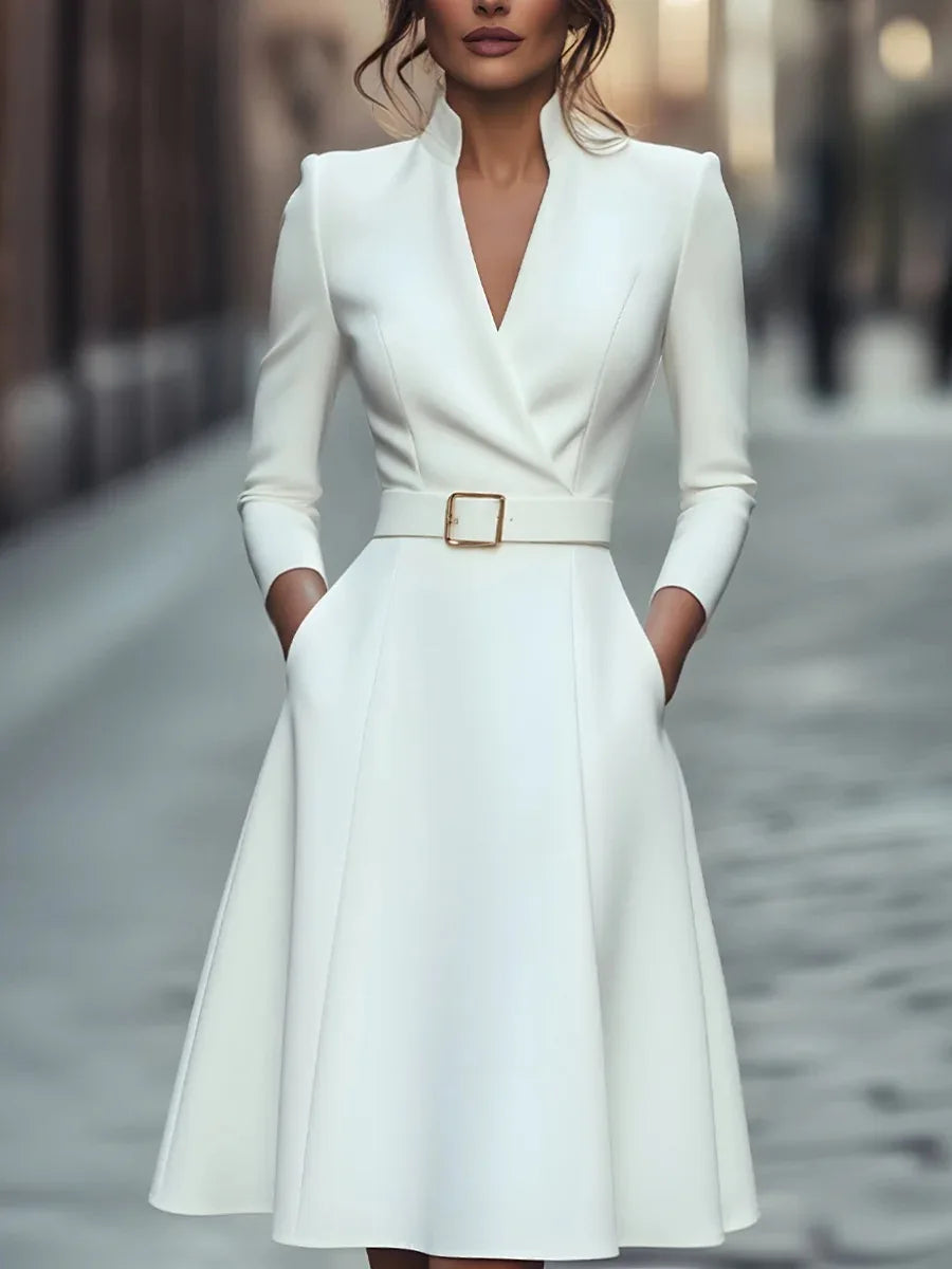 Solid Color V-neck A-line Belted Waist Dress