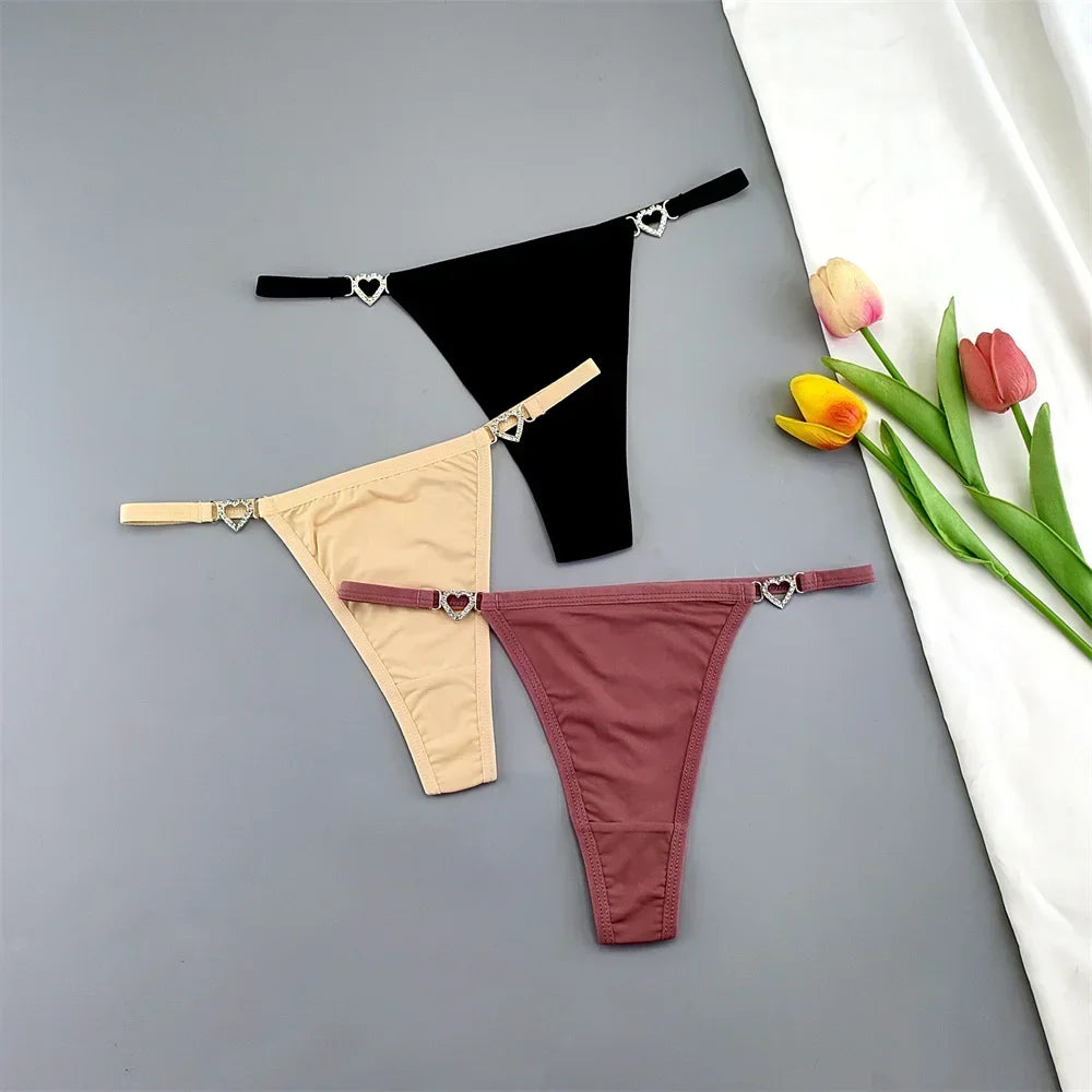 3Pcs Women's Seamless Ice Silk Thong Set - Low Waist Thin Strap G-String Panties with Rhinestone Buckle