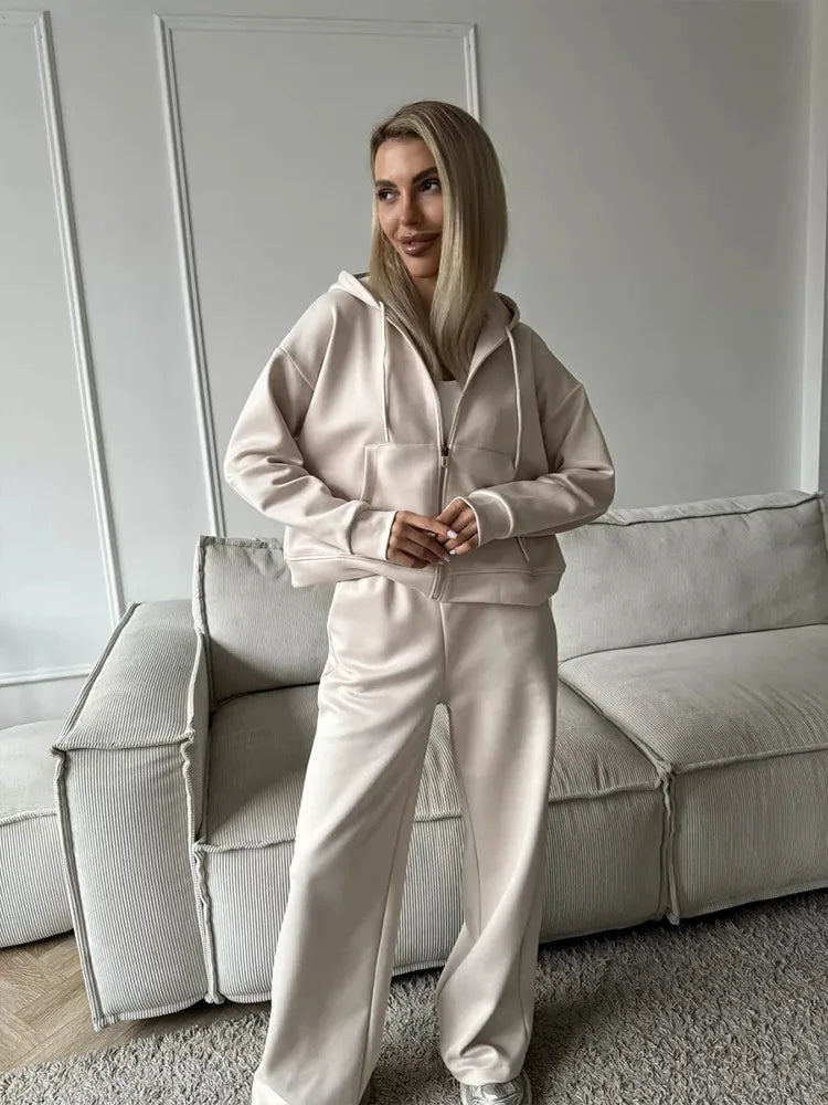 Women's Hooded Zipper Sweatshirt & Wide-Leg Pants Set