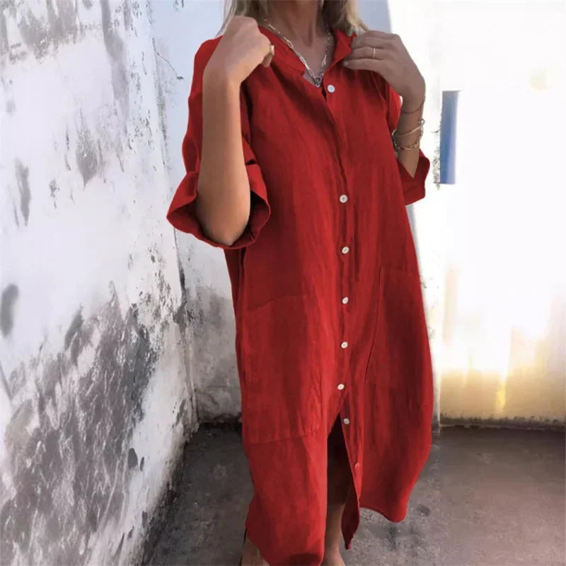 Women's Casual Loose Cotton Linen Solid Color Dress with Pockets