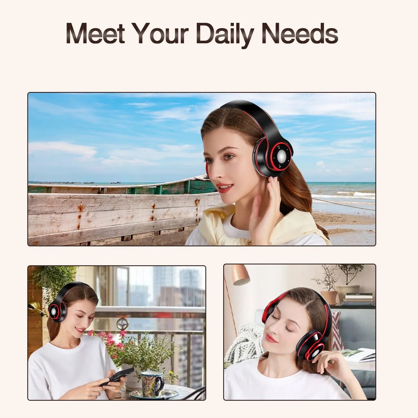 Foldable Wireless Bluetooth 5.3 Over-Ear Headphones with Built-in MP3 Player