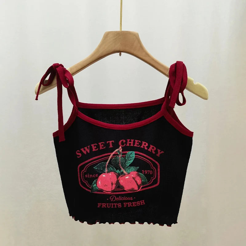 Cherry Print Crop Tank Top - Slim Fit Bow Camisole