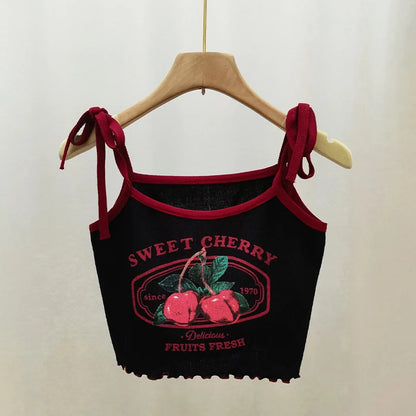 Cherry Print Crop Tank Top - Slim Fit Bow Camisole