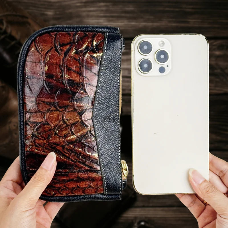 Genuine Cowhide Leather Long Zipper Wallet & Card Holder Clutch