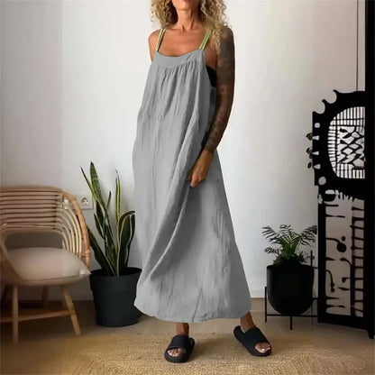 Women's Sleeveless Cotton Linen Casual Maxi Dress