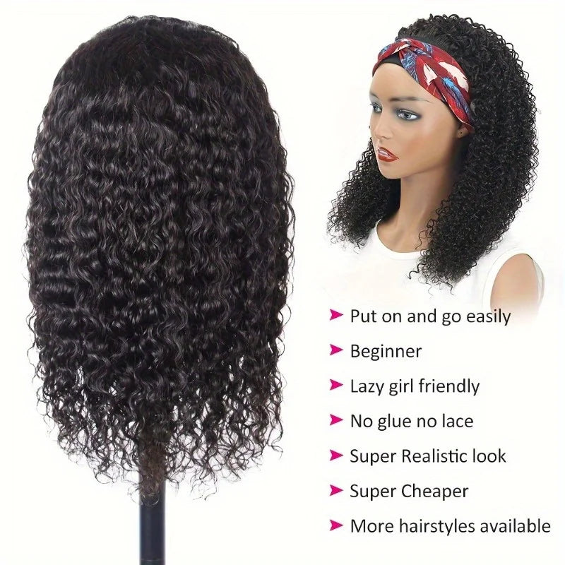 Short Headband Natural Black Curly Wig