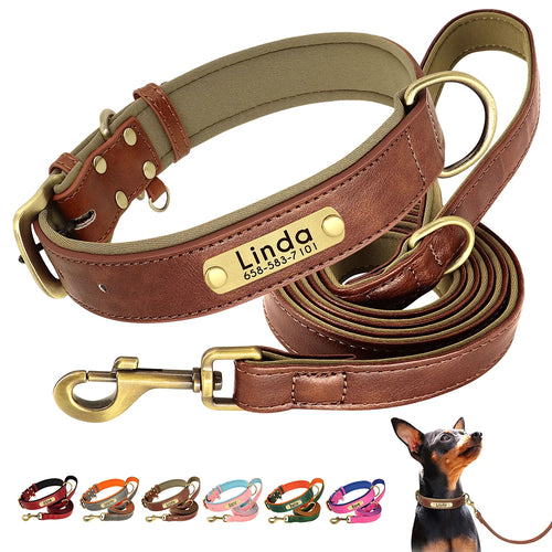 Leather Dog Collar Leash Set Soft Padded