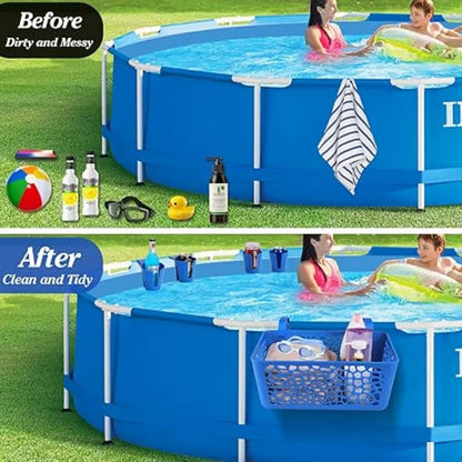 Poolside Storage Basket with Built-In Cup Holders for Above-Ground Pools