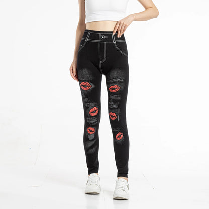 Women's High-Waisted Printed Faux Denim Jeggings – Tummy Control & All-Day Stretch