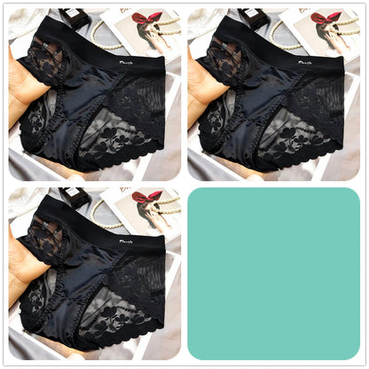 Women's Floral Lace Mid-Waist Panties - 3-Piece Breathable Briefs Set