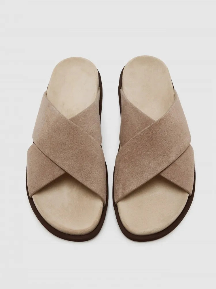 Men's Genuine Suede Leather Cross-Strap Platform Slippers