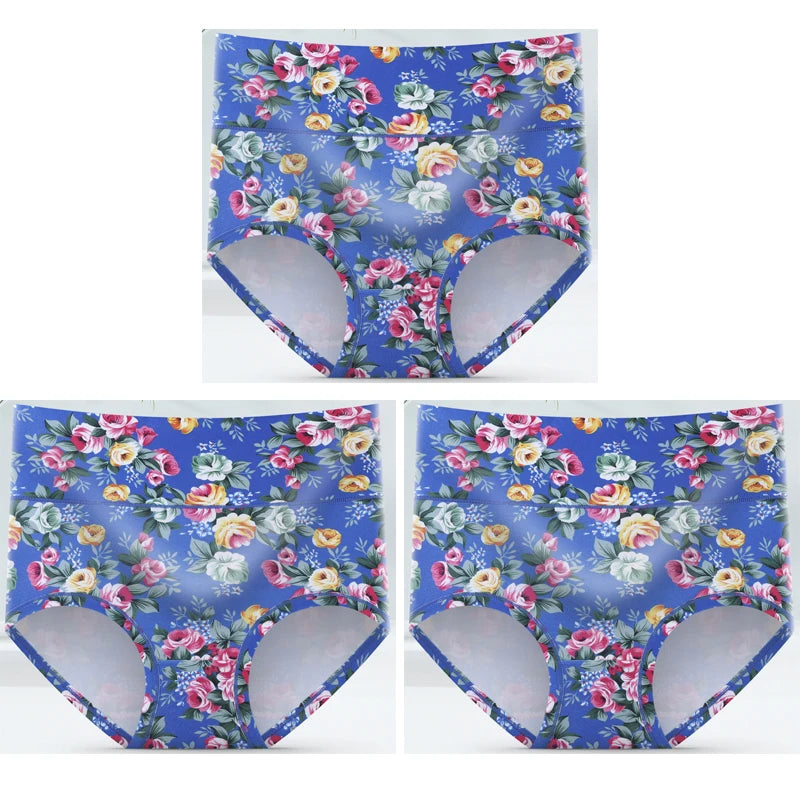 3-Pack Women's Floral Print High-Waisted Briefs - Plus Size Breathable Cotton Panties
