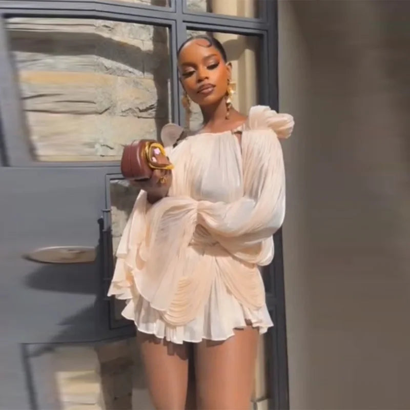 Satin Off-Shoulder Pleated Mini Dress with Puff Sleeves