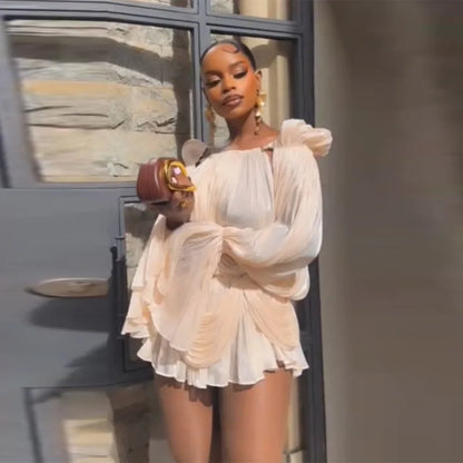 Satin Off-Shoulder Pleated Mini Dress with Puff Sleeves