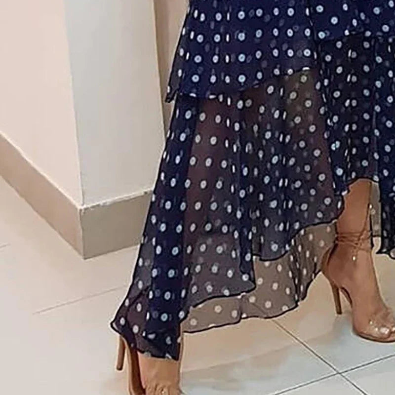 Elegant Dot Printing Dark Blue Pleated Irregular Evening Dress