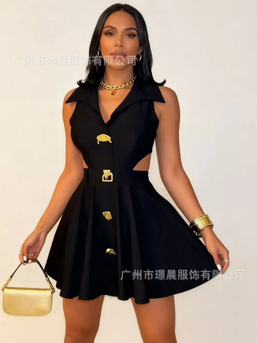 Women's Casual Sleeveless Hooded V-Neck Midi Dress with Side Buttons & Pockets