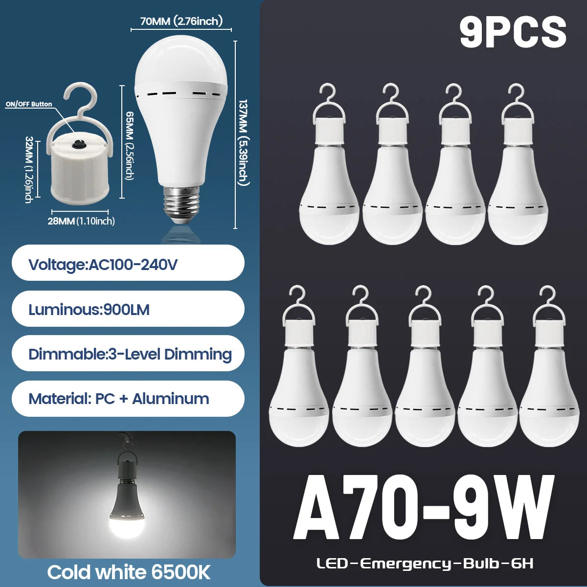 9W Rechargeable Emergency LED Light Bulb with 1500mAh Backup Battery