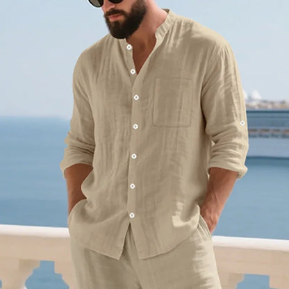Men's White Linen Button-Down Mandarin Collar Vacation Shirt