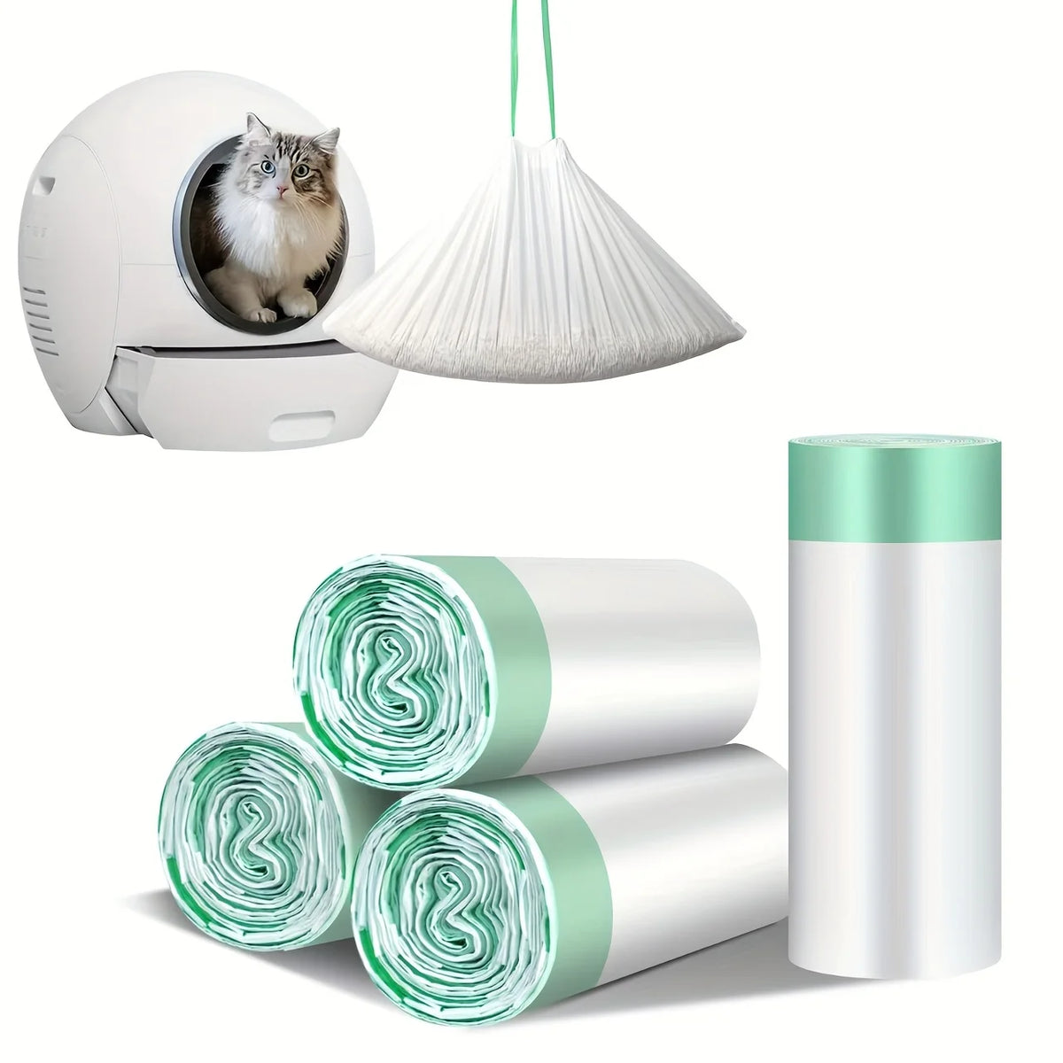 Heavy-Duty Drawstring Cat Litter Box Liners – Universal Fit Waste Bags for Automatic & Standard Litter Boxes