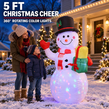 5FT Christmas Inflatable Snowman with Rotating LED Lights & Gift Box
