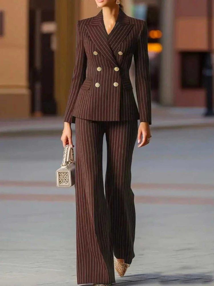 Women's Elegant Striped Double-Breasted Blazer & Wide-Leg Pants 2-Piece Suit Set