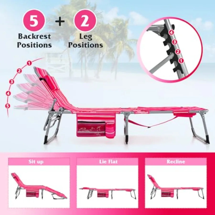 Pink Stripe 330LBS Capacity Beach Lounge Chair with Face Arm