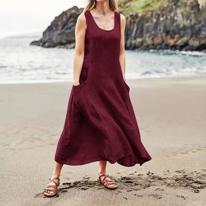 Women's Casual Sleeveless Cotton Linen Long Maxi Dress with Pockets