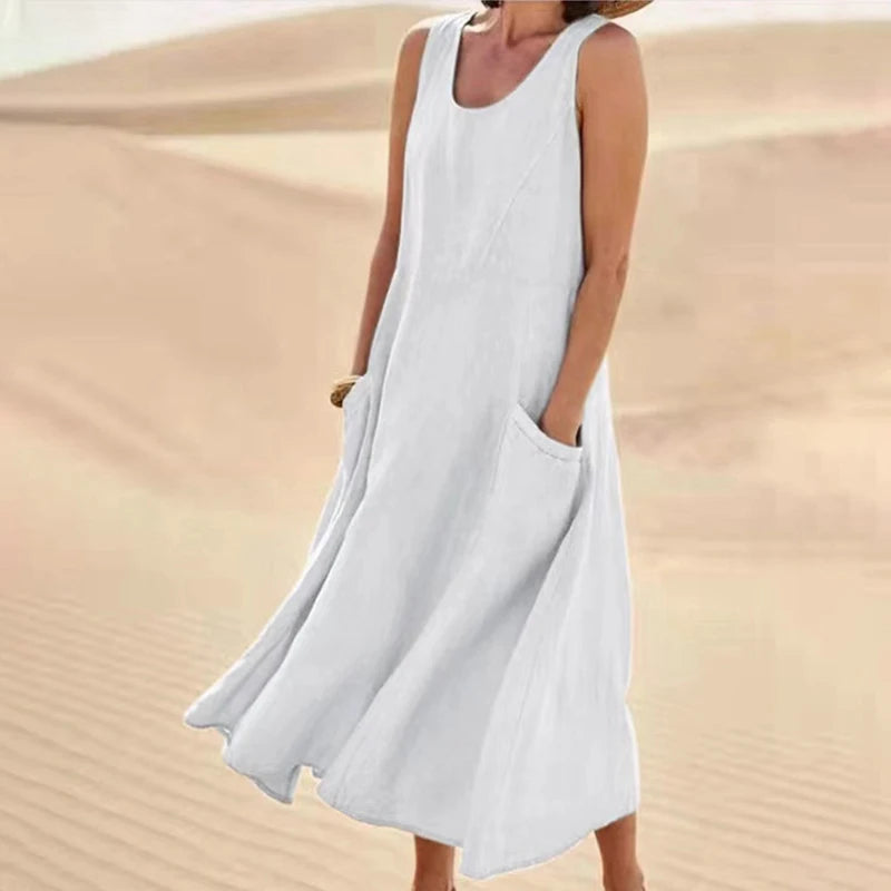 Women's Summer Cotton Linen Sleeveless Loose Maxi Dress with Pockets