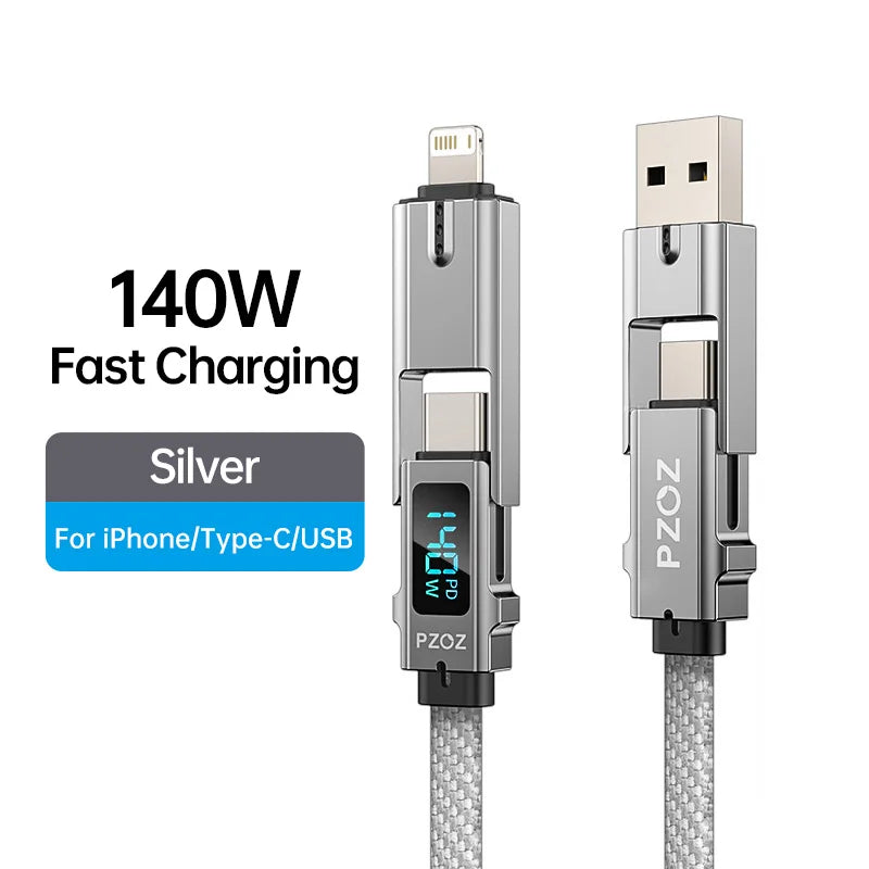 PZOZ 140W 4-in-1 Fast Charging Cable with TF Card Reader & Digital Display