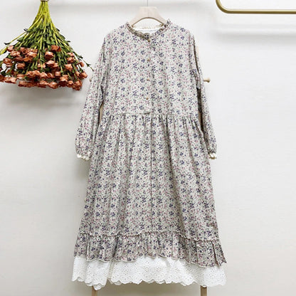 Women's Vintage Mori Girl Floral Print Cotton Linen Midi Dress with Lace Ruffles