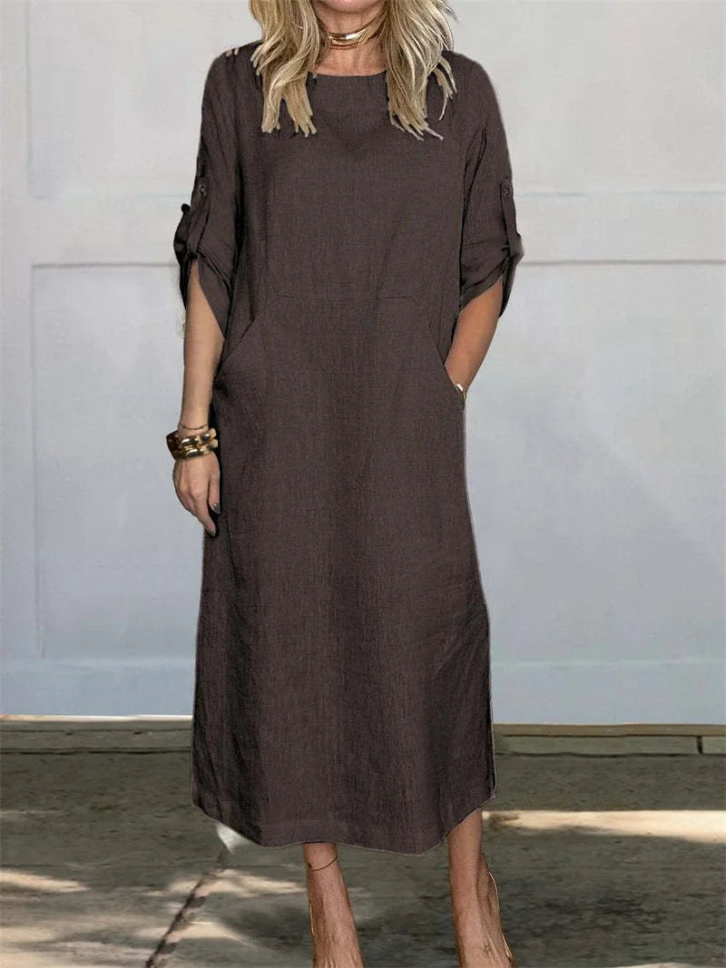 Women's Casual 3/4-Sleeve Cotton Linen Pullover Dress with Pockets
