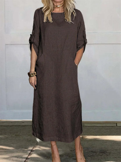 Women's Casual 3/4-Sleeve Cotton Linen Pullover Dress with Pockets