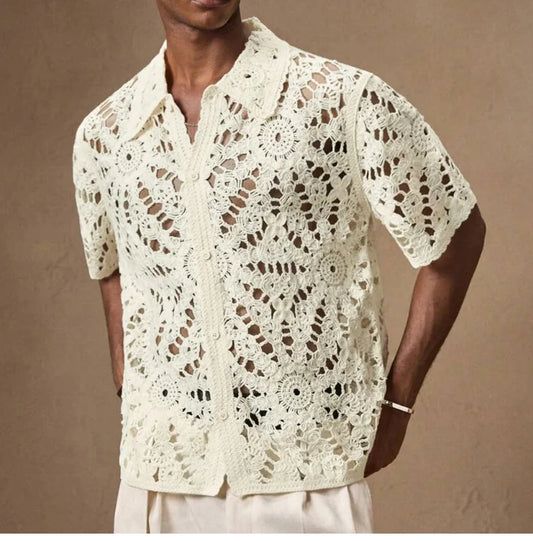 Men's Mesh Crochet Open Front Polo Shirt
