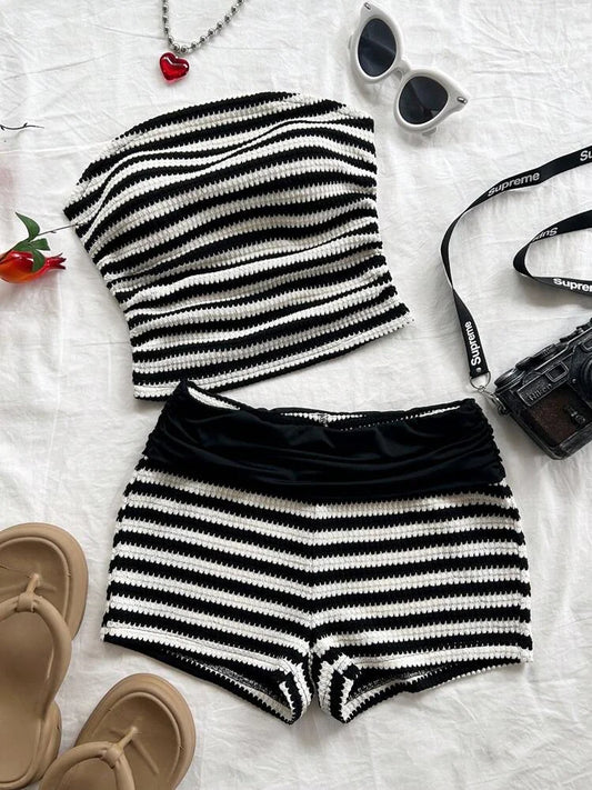 Black and white Striped Strapless Shorts Set,